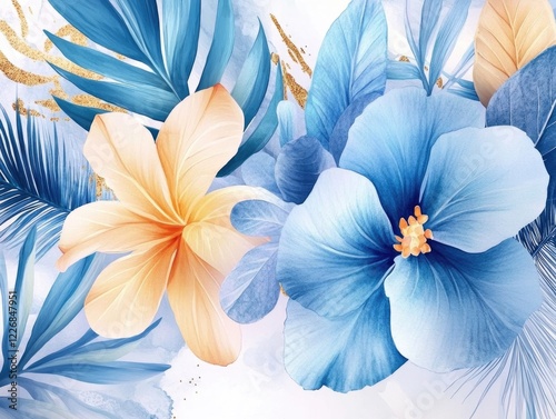 Artistic tropical flowers and foliage with vibrant colors and detailed leaves.