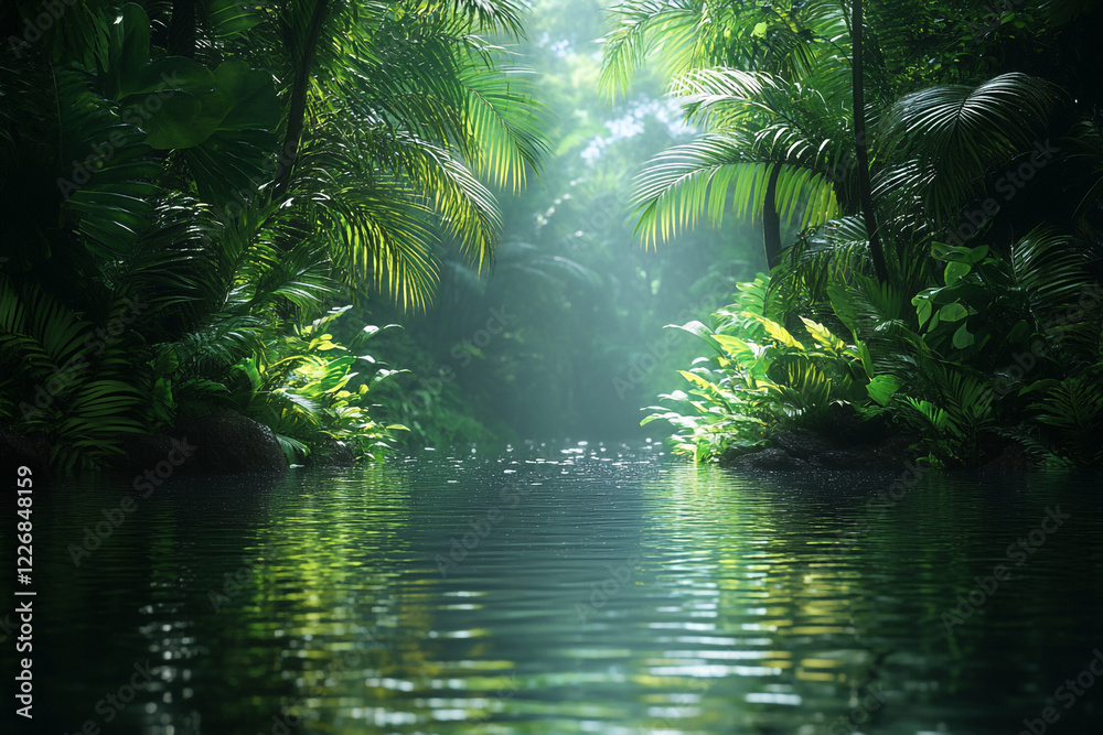 Obraz premium Serene Tropical Jungle Stream Reflecting Lush Greenery