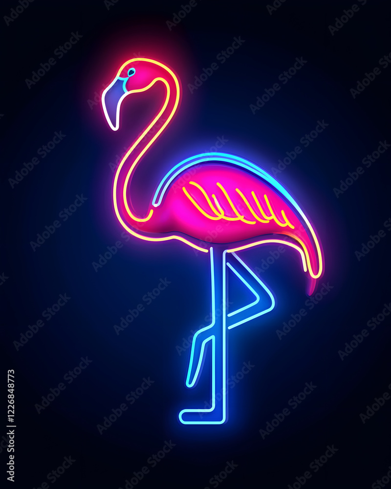 Obraz premium Glowing neon logo with vibrant pink flamingo, isolated on dark background