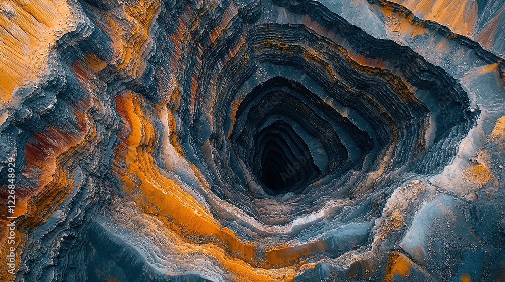 Obraz premium Aerial view of a terraced quarry, symmetrical lines and vibrant colors in the rock