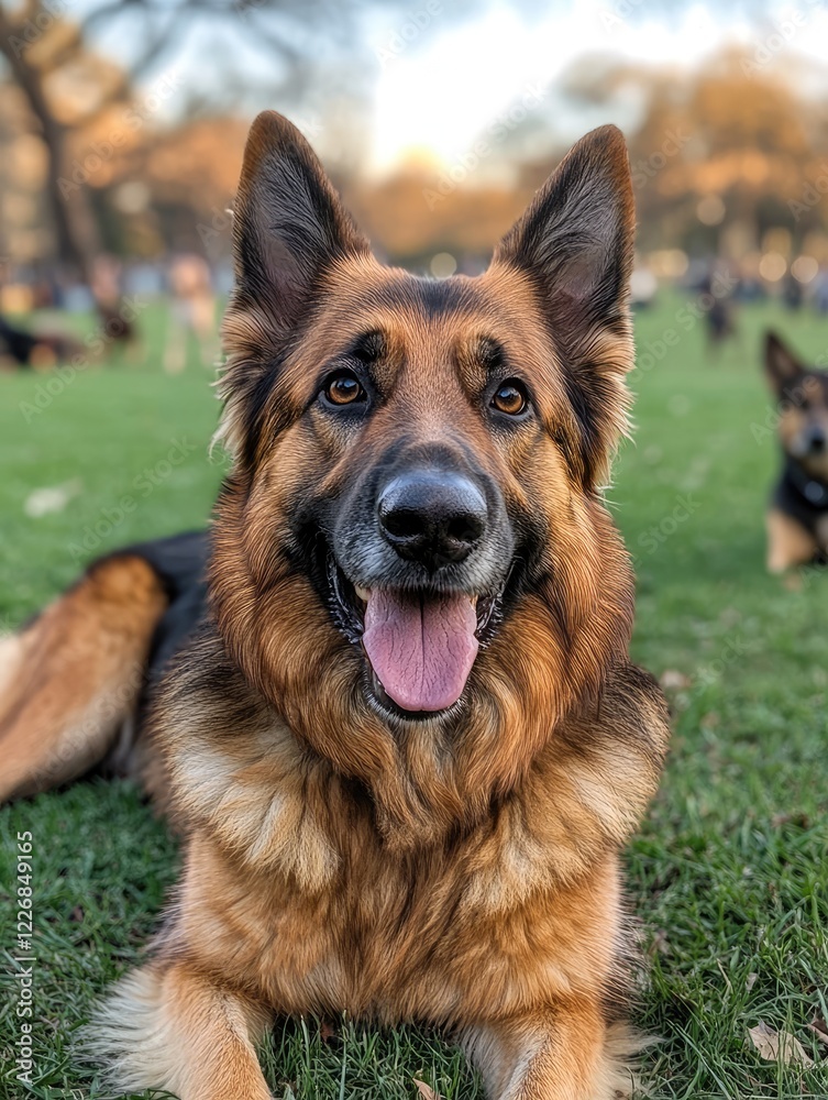 German Shepherd Relaxing on Green Grass in Park German Shepherd Relaxing on Green Grass in Park