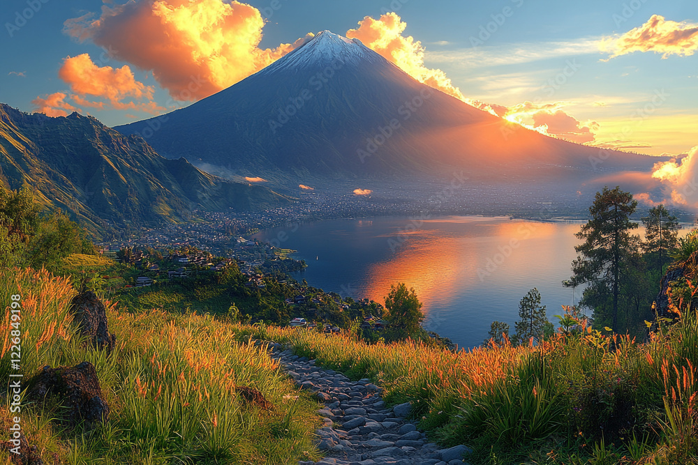 Fototapeta premium Majestic Volcano Sunrise Over Lake and Village Path