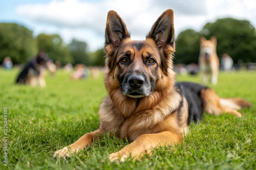 German Shepherd Dog Lying on Grass in Park German Shepherd Dog Lying on Grass in Park