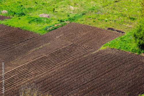 Expansive agricultural field with freshly plowed soil and patches of green grass in a serene rural landscape