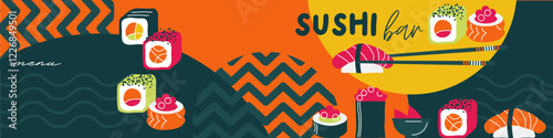 abstract horizontal banner for a sushi bar with an inscription and elements of Japanese cuisine. sushi, rolls and geometric shapes in orange, yellow and black colors. stock vector illustration. EPS 10