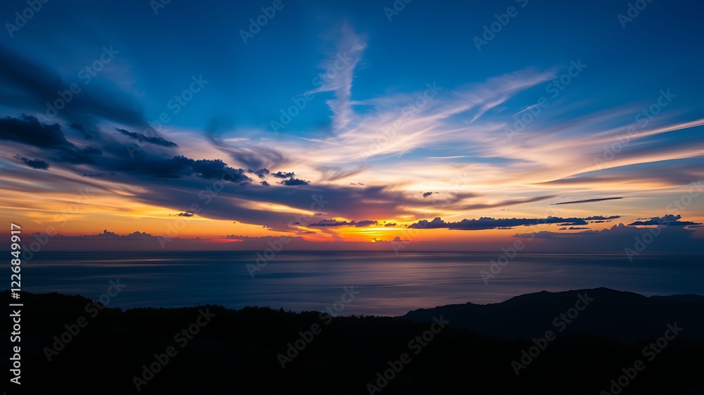 Dramatic sunset over the ocean: vibrant colors paint the sky above silhouetted coastal hills, creating a stunning natural landscape scene. Dramatic sunset over the ocean: vibrant colors paint the sky above silhouetted coastal hills, creating a stunning natural landscape scene.