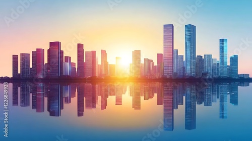 Cityscape Skyline Reflected In Calm Water At Sunset