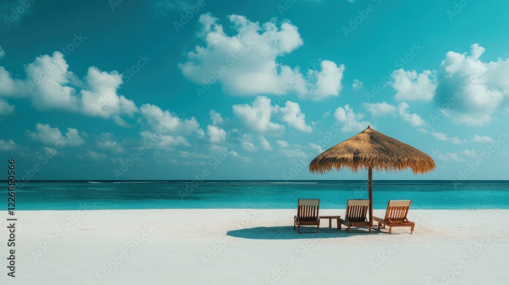 Tranquil Beach Paradise: Two Lounge Chairs Under Thatch Umbrella
