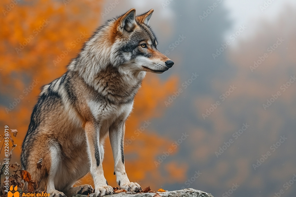 Fototapeta premium Majestic Wolf Sitting Amidst Autumnal Foliage