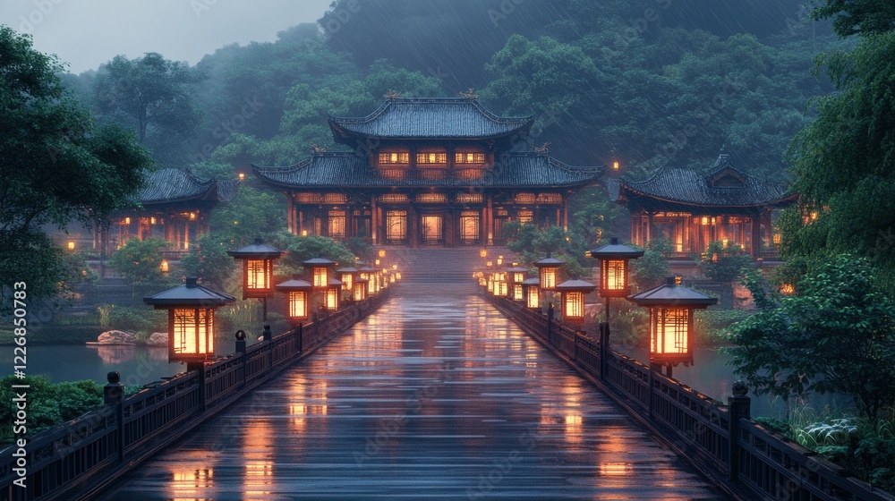 Fototapeta premium Serene evening at an ancient Tang Dynasty courtyard amidst lush greenery