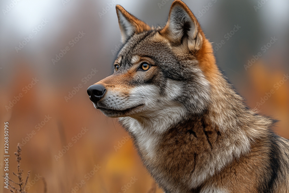 Fototapeta premium Majestic Gray Wolf Profile Autumn Background