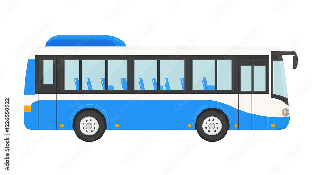 Isolated Blue and White City Bus with Multiple Windows, Public Transit Representation Isolated Blue and White City Bus with Multiple Windows, Public Transit Representation