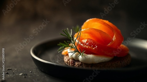 A gourmet serving of gravlax with a swirl of cream and a rosemary sprig, elegantly presented in a high-end restaurant style. photo