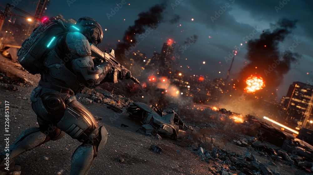 Futuristic Soldier Battles In Devastated Urban Landscape