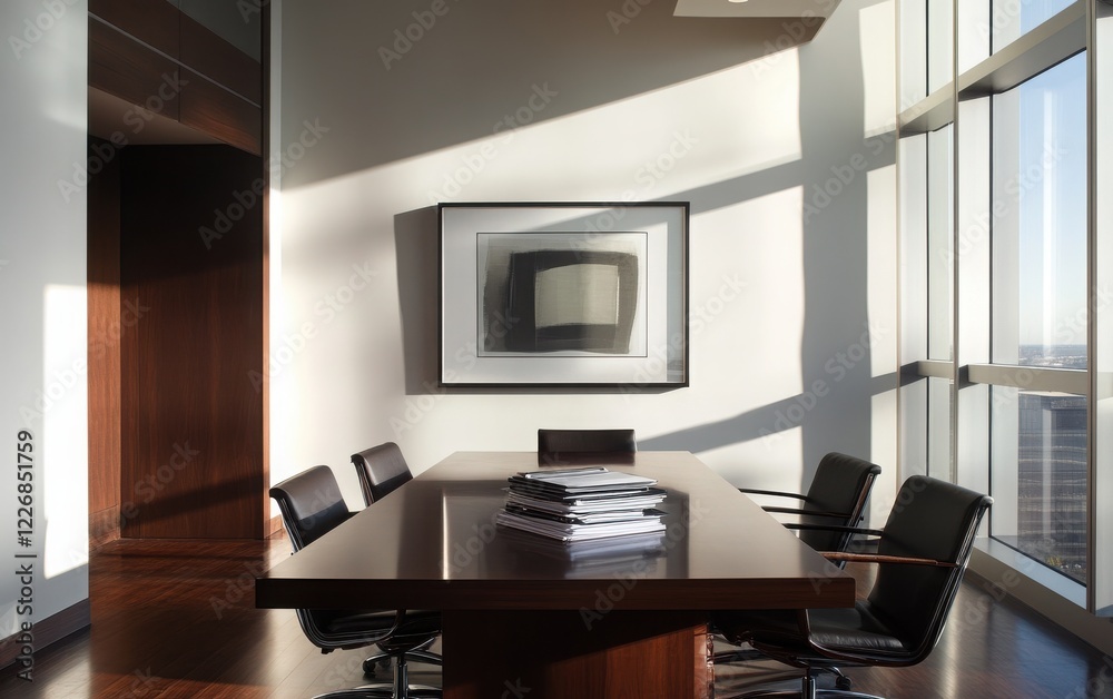 An elegant corporate meeting room featuring a dark wood conference table, modern ergonomic chairs, and a stack of business reports. An elegant corporate meeting room featuring a dark wood conference table, modern ergonomic chairs, and a stack of business reports.
