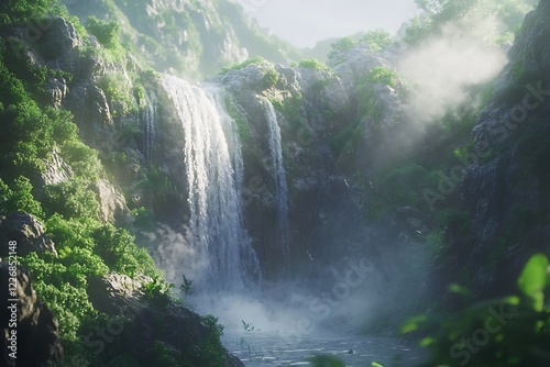 Fototapeta Naklejka Na Ścianę i Meble -  Majestic waterfall cascading into tranquil pond in lush green canyon