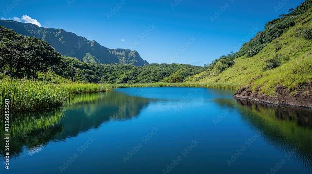 Obraz premium A serene view of a lake formed from an abandoned mine, reflecting a clear blue sky and surrounded by lush greenery