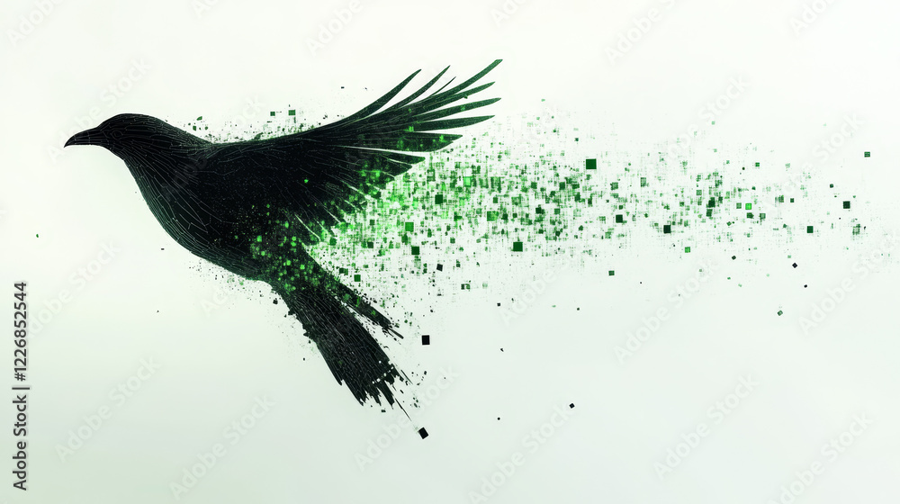 Fototapeta premium A stylized black bird in flight, with a trail of green pixels following its wings, symbolizing movement and digital transformation 