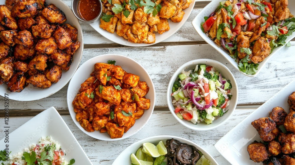 Spicy Chicken Dishes Overhead View Whitewashed Wooden Table Assorted Salads Delicious Spicy Chicken Dishes Overhead View Whitewashed Wooden Table Assorted Salads Delicious