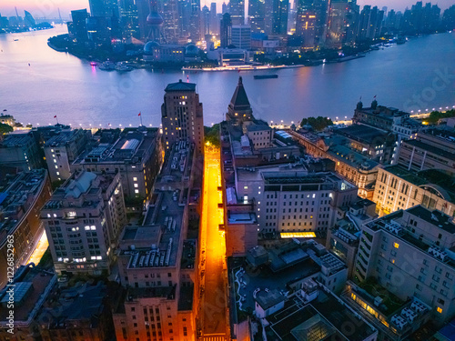 Photography Aerial view of shanghai skyline at dawn