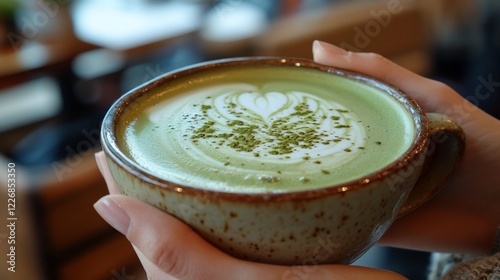 Matcha Latte Art. Creamy green matcha latte with decorative white heart foam art pattern and matcha powder sprinkled on top in a rustic ceramic cup. photo