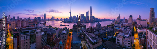 Photography Aerial view of shanghai skyline at dawn