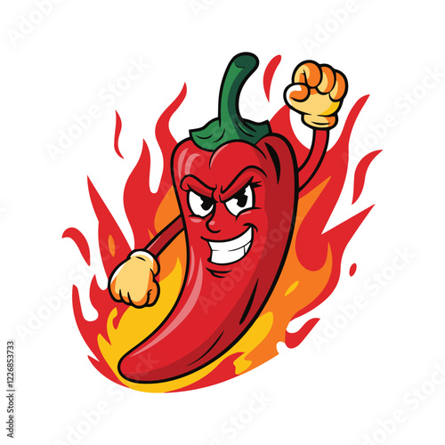 Cartoon Chili in Fire, Red Chili pepper cartoon design, chili pepper icon logo vector illustration
