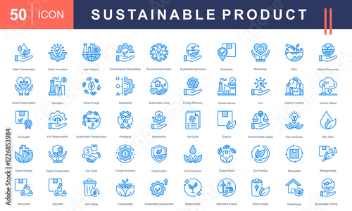 Icon set Sustainable Product, Containing renewable energy, green innovation, carbon footprint reduction, and environmental stewardship. Ideal for green business and social responsibility projects.