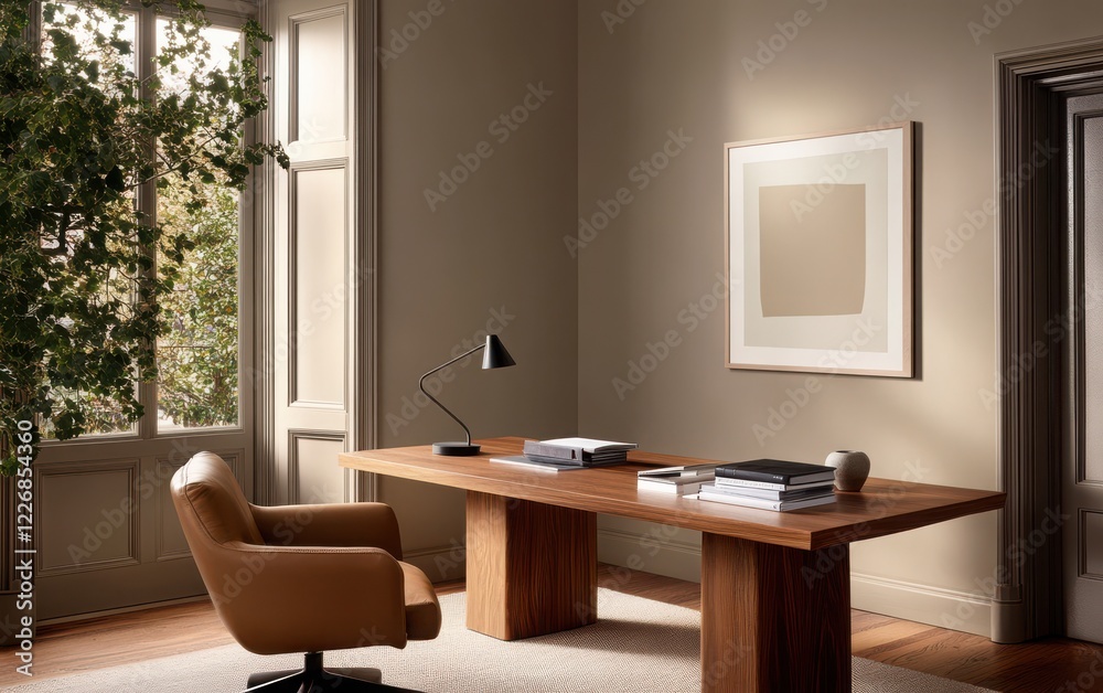 Fototapeta premium Refined private office with a minimalist wooden desk, a comfortable leather chair, and a curated set of business books.