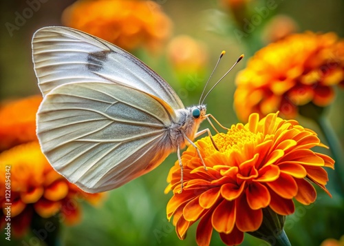 White Butterfly on Marigold - AI Photorealistic Portrait photo