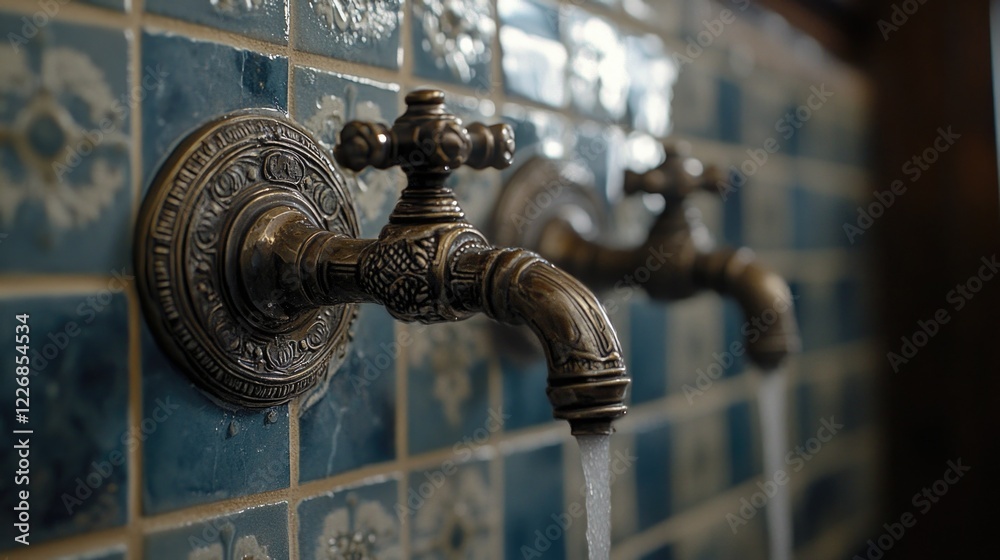 Two faucets are dripping water onto a blue tile wall. The faucets are old and ornate, and the water is clear Two faucets are dripping water onto a blue tile wall. The faucets are old and ornate, and the water is clear