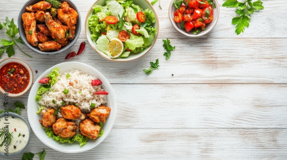 Spicy Chicken Dishes with Rice Salad and Dips on Whitewashed Wooden Table Overhead Fla Spicy Chicken Dishes with Rice Salad and Dips on Whitewashed Wooden Table Overhead Fla