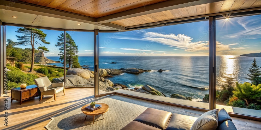 Fototapeta premium Panoramic view from a seaside vacation home with a large window overlooking the ocean and the surrounding landscape of rocks and trees , peaceful view, outdoor scene