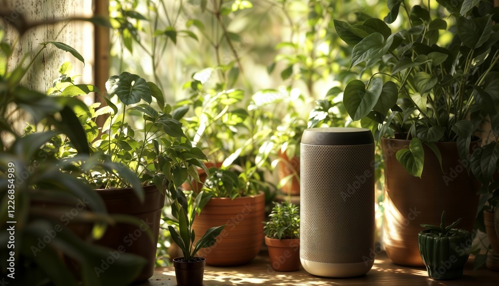 Smart Home Garden Serenity. Smart speaker nestled among lush houseplants on a sunlit windowsill, creating a harmonious blend of technology and nature. Smart Home Garden Serenity. Smart speaker nestled among lush houseplants on a sunlit windowsill, creating a harmonious blend of technology and nature.