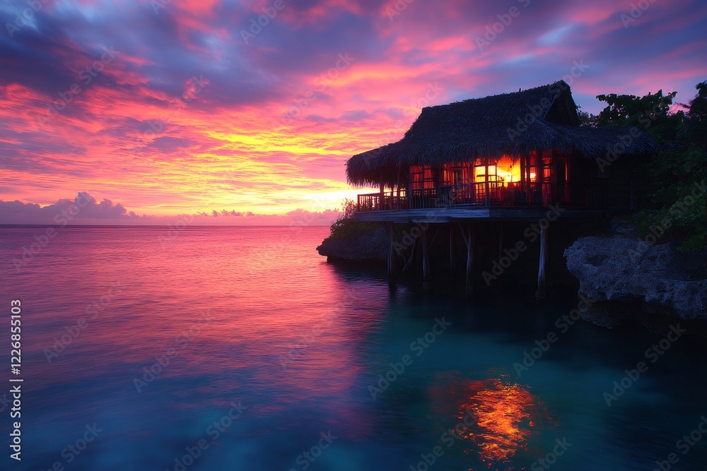 Fototapeta premium Overwater bungalow reflecting on calm ocean at sunset in tropical paradise