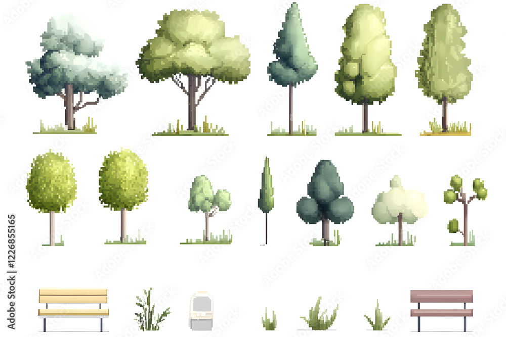 Fototapeta premium Hand drawn trees and bushes collection for game assets, isolate don white