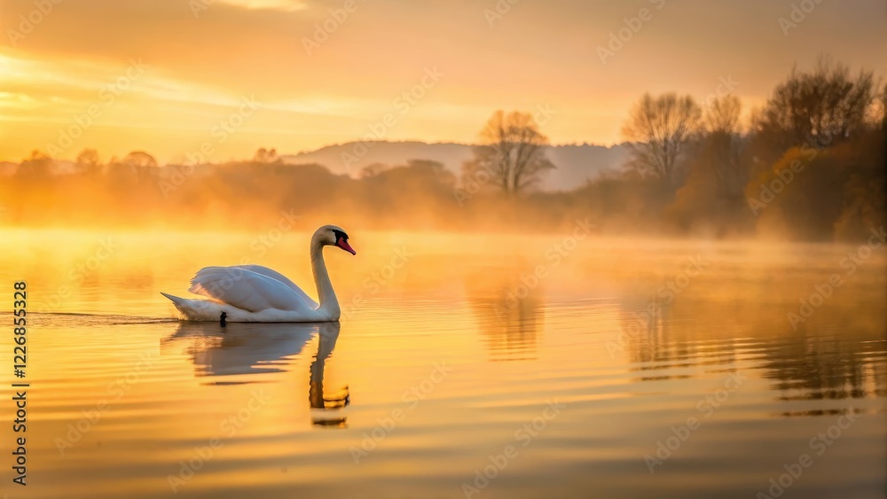 Fototapeta premium A swan floats serenely on a calm lake's surface as the warm golden light of dawn breaks through the morning sky , lake, nature