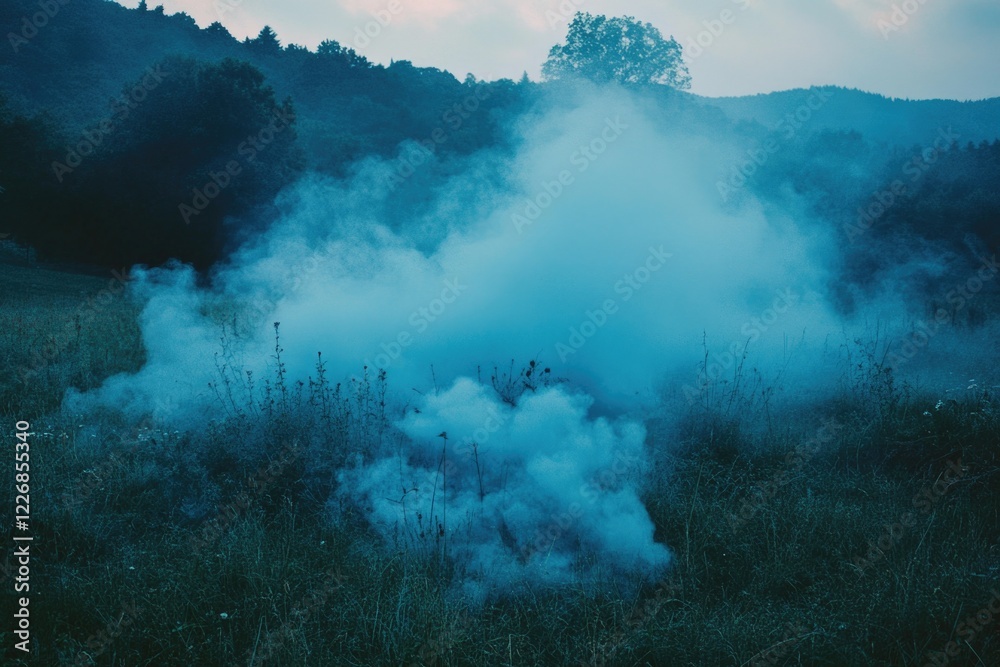 A blue smoke is rising from the grass. The smoke is thick and dense, creating a hazy atmosphere. The scene is set in a field, with trees in the background. The smoke seems to be coming from a fire A blue smoke is rising from the grass. The smoke is thick and dense, creating a hazy atmosphere. The scene is set in a field, with trees in the background. The smoke seems to be coming from a fire