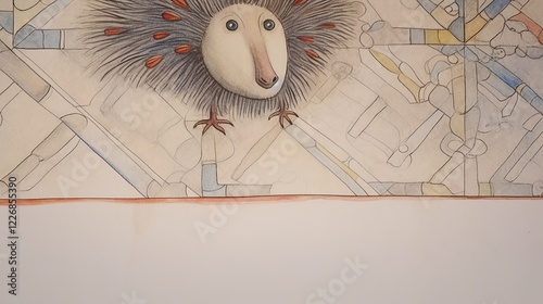 A kid's watercolor picture of a hedgehog sitting on a rug photo