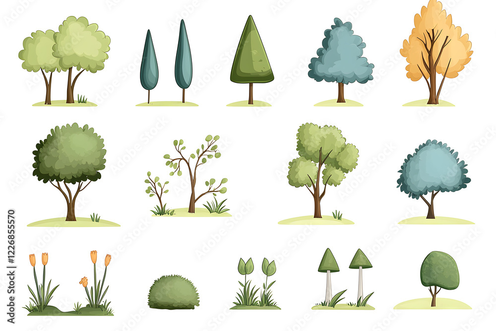 Fototapeta premium Hand drawn trees and bushes collection for game assets, isolate don white
