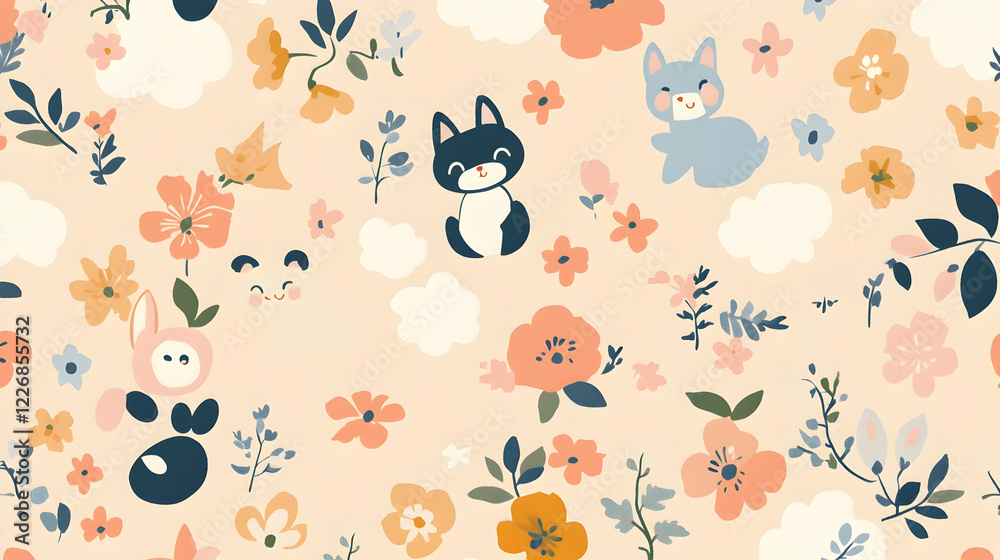 Adorable seamless pattern featuring cute cartoon animals and delicate floral elements, perfect for kids' products or whimsical designs. Adorable seamless pattern featuring cute cartoon animals and delicate floral elements, perfect for kids' products or whimsical designs.