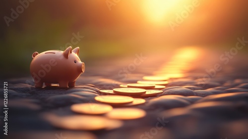 Piggy Bank on Pathway with Coins at Sunset