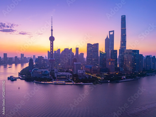 Photography Aerial view of shanghai skyline at dawn