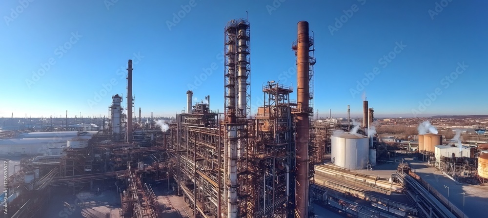 Industrial Refinery with Tall Metal Structures Under Clear Sky Industrial Refinery with Tall Metal Structures Under Clear Sky