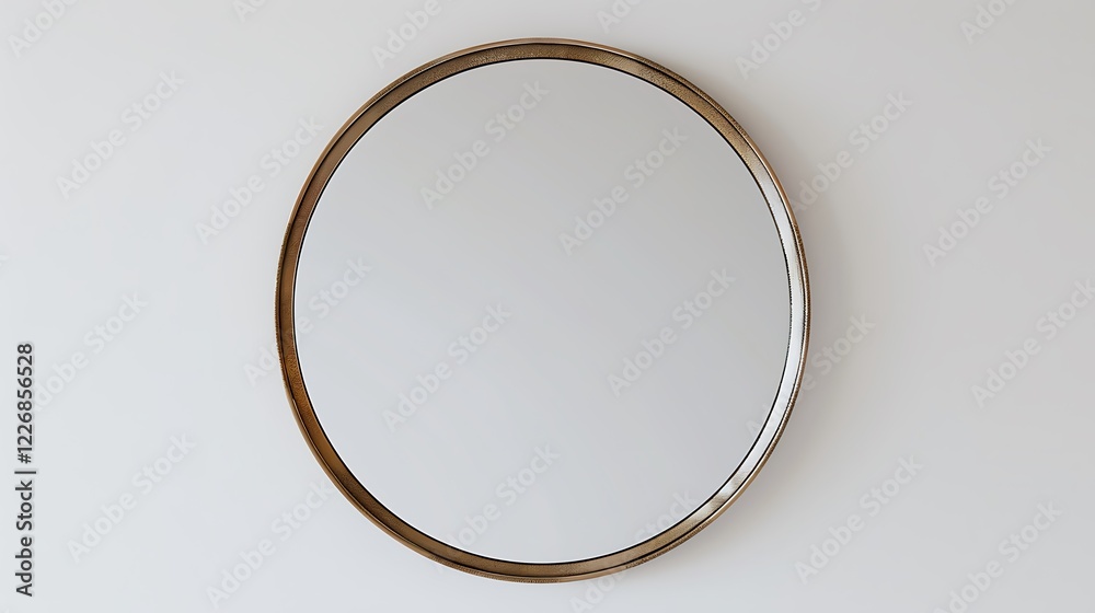 A contemporary round mirror with a sleek metallic frame, set against a white background. A contemporary round mirror with a sleek metallic frame, set against a white background.
