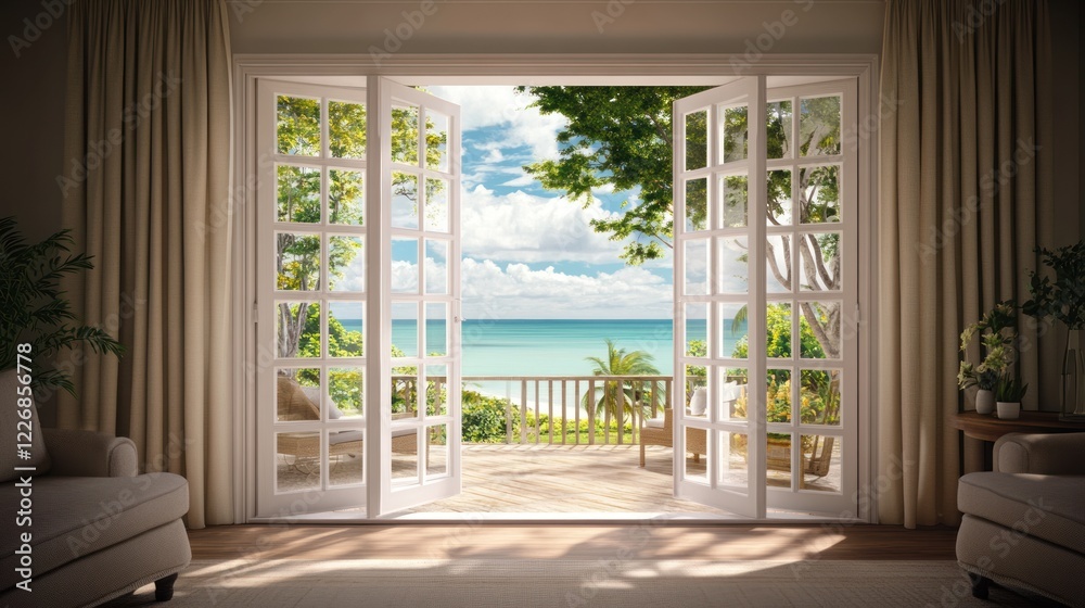 Fototapeta premium Ocean View French Doors: Tranquil Beach House Interior