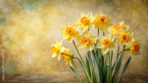 Vibrant daffodils swaying gently in a soft light against a textured paper background , floral arrangement, botanical art
