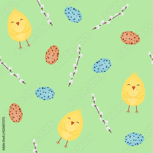 Easter seamless pattern for packaging and wrapping paper. Yellow chick and painted Easter eggs. Branches of fluffy willow on a green background. Vector illustration. Print for a gift bag. Ornament.