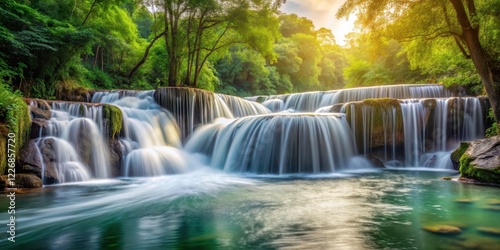 cascading waterfall with foamy river water flowing into the depths of a serene natural setting, calming scene