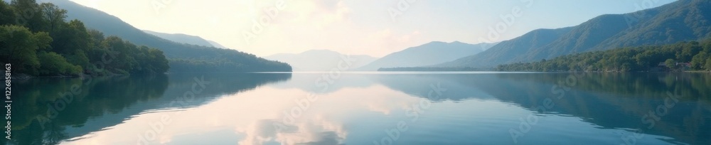 Fototapeta premium Serene lake water surface reflected in a clear sky, nature, peaceful, sky